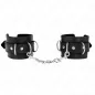 Preview: Black leather handcuffs with metal chain and buckles, on a white background.