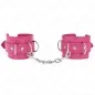 Preview: Pink leather handcuffs with metal chain and buckles, on a white background.