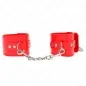 Preview: Red faux leather handcuffs with metal chain and buckles, on a white background.