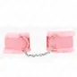 Preview: Pink plush handcuffs with metal chain on a white background.