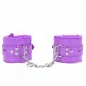 Preview: Purple plush handcuffs with chain, silver studs and buckles, on a white background.