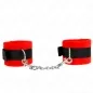 Preview: Red plush handcuffs with black ribbon and silver chain, on a white background.