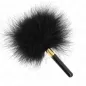 Preview: Black feather duster with fluffy feathers and a black handle with a golden ferrule.