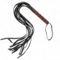 Preview: Black whip with multiple straps and brown handle, on a white background.