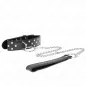 Preview: Black collar with studs and silver chain, leather handle at the end of the chain.