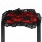 Preview: Red eye mask with black lace and ribbons, decorated with floral patterns.