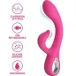Preview: Pink vibrator with 12 vibration settings, USB rechargeable, made of silicone, waterproof. Function icons on the left.
