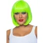 Preview: Woman with a bright green bob wig, red lipstick and white tank top against a white background.