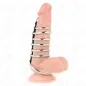 Preview: A dildo with metal rings and suction cup, photographed from the side, on a white background.