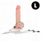Preview: A dildo with metal rings and chains, next to it a black circle with a white "L".