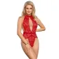Preview: Woman in red lace bodysuit with deep neckline, smiling and wearing a bracelet.