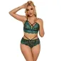 Preview: Woman in green lace lingerie with black details, posing against a white background.