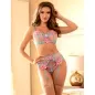 Preview: Bra + Panties with Garter Belt, Floral Design, Blue, S/M – Subblime