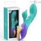 Preview: Turquoise vibrator with purple and yellow handle, next to matching packaging with "intense" logo.