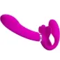 Preview: Pink silicone sex toy with curved design and handle, on a white background.