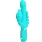 Preview: Turquoise vibrator with two arms and textured shaft, side controls.