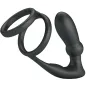 Preview: Black silicone cock ring with two rings and a curved stimulation arm.