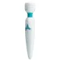 Preview: White massage wand with blue accents and a triangular button on the front.