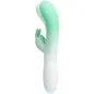Preview: Grüner und weißer Vibrator mit zwei Armen, seitliche Ansicht, auf weißem Hintergrund.