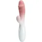 Preview: Rosa-weißer Vibrator mit zwei Knöpfen und einem gebogenen Aufsatz für duale Stimulation.