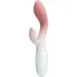 Preview: Pink and white vibrator with two arms and control buttons on the handle.
