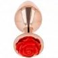 Preview: Metallischer Plug mit roter Rosenverzierung am Ende, auf weißem Hintergrund.
