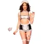 Preview: Woman in French maid costume with lace trim, stockings and bonnet, holding a feather duster.