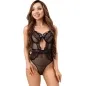 Preview: Woman in black lace bodysuit, smiling, with long, wavy hair against a white background.