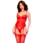 Preview: Woman in red lace underwear with stockings and necklace, against a white background.