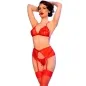 Preview: Roter Spitzen-Bh + Tanga + Strümpfe Set L – Chilirose