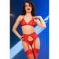 Preview: Roter Spitzen-Bh + Tanga + Strümpfe Set L – Chilirose