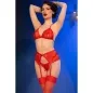 Preview: Roter Spitzen-Bh + Tanga + Strümpfe Set L – Chilirose