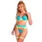 Preview: Woman in blue-green lace underwear with garter belt, posing in front of a white background.