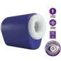 Preview: Blue, cylindrical device with white opening, 5 vibration and pressure settings, USB port, handling instructions.