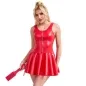 Preview: Frau in rotem Lederkleid mit Reißverschluss, hält einen roten Paddel mit "XOXO".