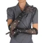 Preview: The person is wearing glittery black mesh gloves and a grey top.