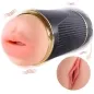 Preview: Schwarzes, zylindrisches Sexspielzeug mit realistischen Lippen und Vibrationseffekten, Detailansicht eines Einsatzes.