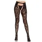 Preview: Schwarze Spitzenstrumpfhose mit offenem Schritt und floralen Mustern, getragen von einer Person.