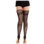 Preview: Woman wearing black lace stockings and frilly shorts, standing barefoot on a white background.