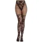 Preview: Schwarze Netzstrumpfhose mit floralen Spitzenmustern, die bis zur Taille reicht.