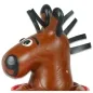 Preview: Brown rubber horse with black mane stripes and large eyes, on a red base.