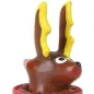 Preview: Braune Plastikfigur eines Rentiers mit gelben Geweihen und großen Augen, auf rotem Sockel.