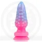 Preview: Bunter, strukturierter Silikon-Dildo in Blau und Pink mit Saugnapf.