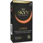 Preview: Schwarze Skyn Kondomverpackung, Größe Large, 10 Stück, latexfrei, mit orangefarbenem Halbkreis-Design.