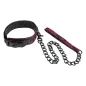 Preview: Schwarzes Halsband mit rotem Muster und Kette, verbunden mit einer passenden Leine.