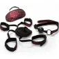 Preview: Black and red bondage set with eye mask, restraints, ball gag and rope on a white background.
