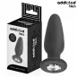 Preview: Black anal plug with gemstone, 10.4 cm, next to packaging from Addicted Toys.