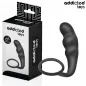 Preview: Schwarzes Sexspielzeug mit Ring, neben einer Verpackung mit der Aufschrift "addicted toys".