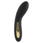 Preview: Black, curved vibrator with golden accents, isolated on a white background.