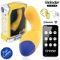 Preview: Gelb-blauer Vibrator mit Bluetooth, Verpackung und Smartphone-App mit verschiedenen Vibrationsmodi.